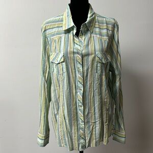 Izod Womens Blouse XL Blue Green Pearl Snap Long Sleeve Shimmer Thread pockets